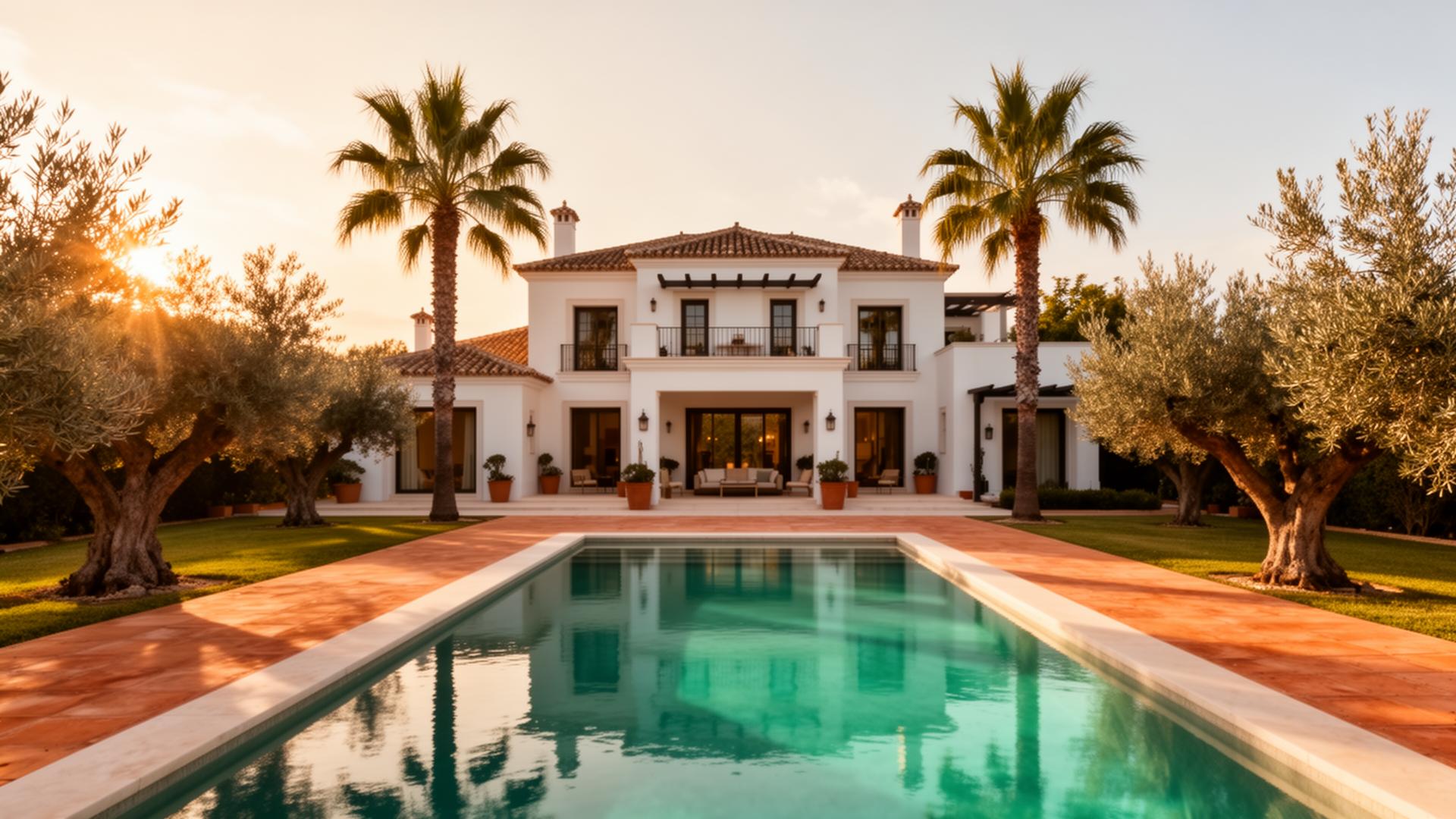Villa con piscina privada y vistas al mar al atardecer en Roquetas de Mar